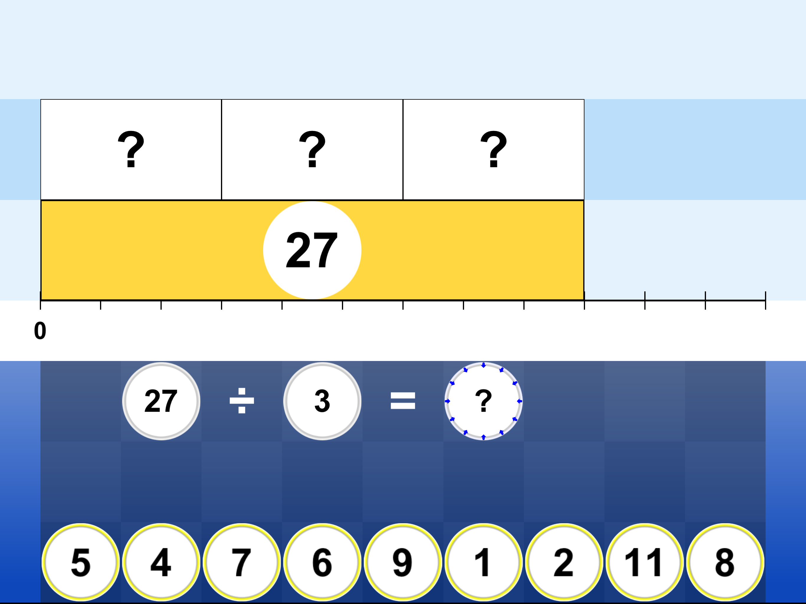 Visnos Math: Bar Model showing 27 split into 3 equal groups