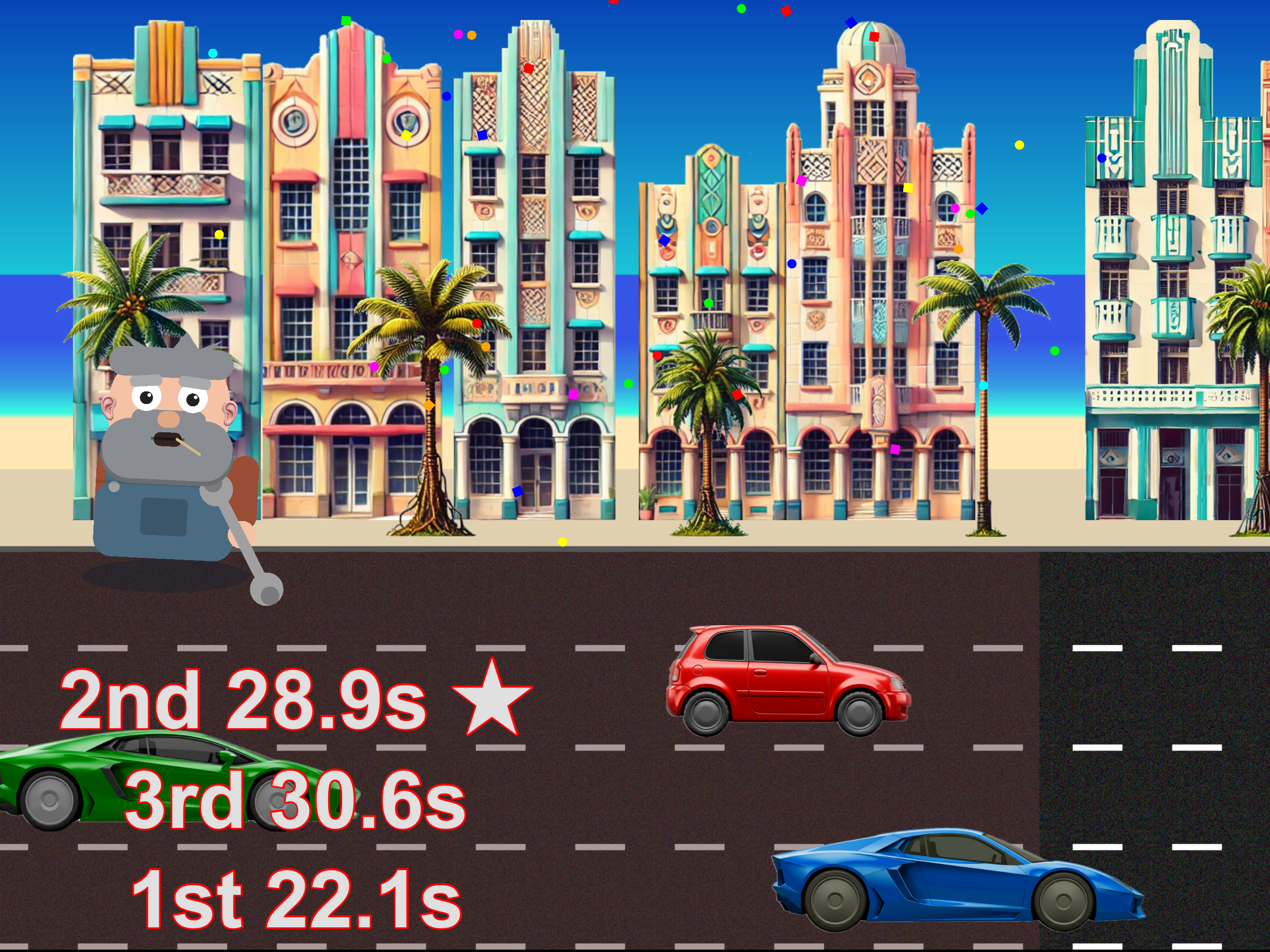 Visnos Math race-mode results screen with Mac the Mechanic and lap times